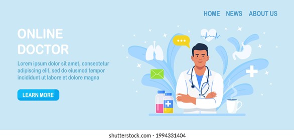 Online doctor. Ask therapist. Online medical advice or consultation service, tele medicine, cardiology. Healthcare application for website. Physician conducts diagnostics over the Internet