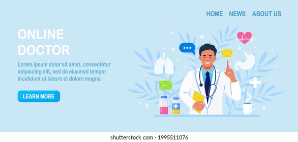 Online doctor. Ask therapist. Online medical advice or consultation service, tele medicine, cardiology. Healthcare application for website. Physician conducts diagnostics over the Internet