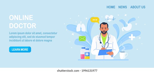 Online doctor. Ask therapist. Online medical advice or consultation service, tele medicine, cardiology. Healthcare application for website. Physician conducts diagnostics over the Internet