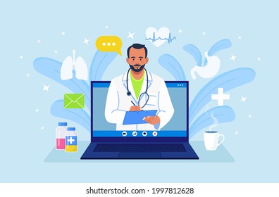 Online doctor. Ask therapist. Online medical consultation, advice, support service. Physician conducts diagnostics over the Internet. Man in white coat with stethoscope on laptop screen. Vector design