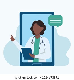 Online doctor. Black female therapist with a stethoscope on the smartphone screen. Online medical consultation, support and advice. Flat vector illustration.
