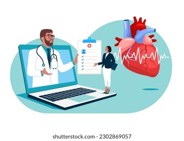 Online Arzt Kardiologe beraten Sie mit einem Patienten. Vektorgrafik für Herz-Kreislauf-System, Kardiologie, medizinische Themen. Erforschung von Herzkrankheiten. 