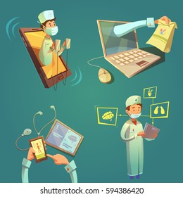 Online doctor cartoon set with laptop and mobile phone isolated vector illustration