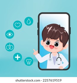 Online doctor character on mobile phone with medical icon symbol. Vector people animated.
