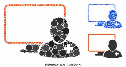 Online doctor composition of round dots in variable sizes and color hues, based on online doctor icon. Vector round dots are united into blue illustration.