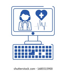 online doctor computer device support medical care blue line style icon vector illustration