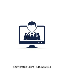 Online Doctor In Computer Screen Icon, Vector Illustration. Medical Online Consultation For Website Or App.