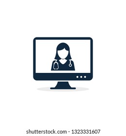 Online doctor in computer screen icon, vector illustration. Medical online consultation.