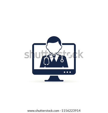 Online doctor in computer screen icon, vector illustration. Medical online consultation for website or app.