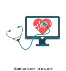 online doctor computer stethoscope heartbeat care flat style icon vector illustration