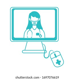 online doctor, computer technology physician assitance consultant medical vector illustration, line style icon