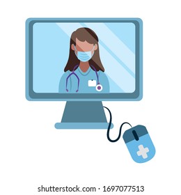 online doctor, computer technology physician assitance consultant medical vector illustration, flat style icon
