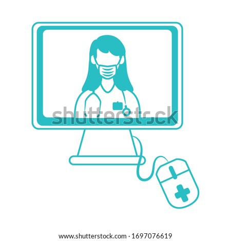 online doctor, computer technology physician assitance consultant medical vector illustration, line style icon