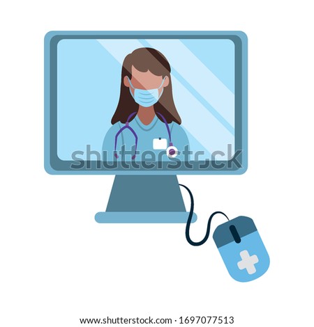 online doctor, computer technology physician assitance consultant medical vector illustration, flat style icon