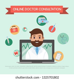 Online doctor concept banner vector illustration. Doctor consultation . Male character with medical equipment giving prescription. Medicine, pharmacy, hospital. Pharmaceutics concept.