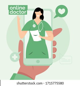 Online doctor concept. Consultant medical care. Consultation looking for help during corona virus. Covid19. Medical health care assistance illustration. Mobile Flat vector. Stay home. Adult checkup.