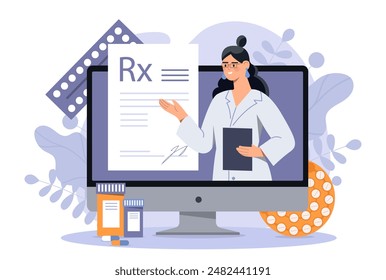 Online doctor concept. Distant consultation and medical assistance. Health care and medicine. Diagnosis and treatment. Cartoon flat vector illustration isolated on white background