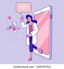 Online doctor concept. Doctor giving advice to patient through smartphone. Telemedicine and online healthcare. Personal doctor giving advice for patient landing page website. illustration vector flat.