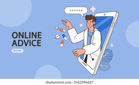 Online doctor concept. Doctor giving advice to patient through smartphone. Telemedicine and online healthcare. Personal doctor giving advice for patient landing page website. illustration vector flat.