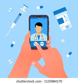 Online doctor concept. Hand holds a smartphone with an online clinic app. Vector illustration