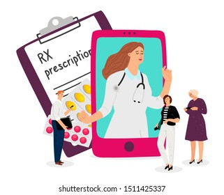 Online doctor concept. Healthcare vector illustration. RX prescription online service. Male female characters with smartphones, doctor, pharmacy