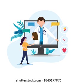 online doctor concept illustration, doctor in monitor illustration concept for web page. flat style design isolated on white background