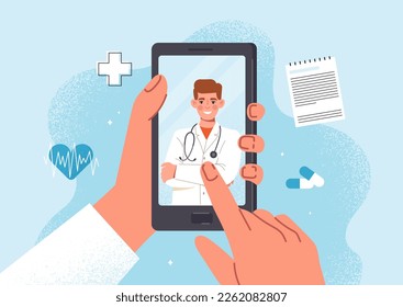 Online doctor concept. Man in medical coat with stethoscope on smartphone screen. Consultation with specialist on Internet, diagnosis and choice of treatment method. Cartoon flat vector illustration