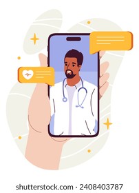 Online doctor concept. Man in medical coat with stethoscope at smartphone screen. Health care and treatment, medicine. Telemedicine. Cartoon flat vector illustration isolated on white background