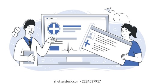 Online-Arzt-Konzept. Mann und Frau in der Nähe des Computerbildschirms. Mann und Frau in medizinischen Mänteln stellen Diagnose und wählen die Behandlungsmethode, verschreiben Sie dem Patienten Medikamente. Cartoon-Flavektor-Vektorgrafik