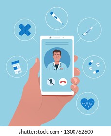 Online doctor concept. Online medical consultation and support. Hand holds a smartphone with an online clinic app. Vector illustration