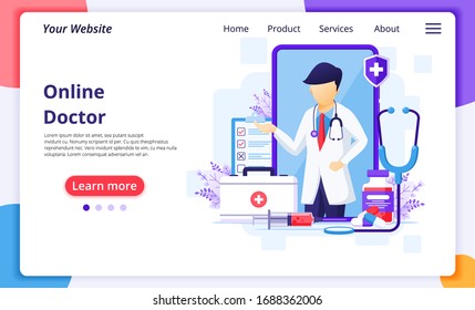 Online Doctor Concept, Online Medical Health Care Assitance. Modern Flat Web Landing Page Design Template. Vector Illustration