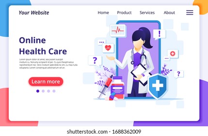 Online doctor concept, online medical health care assitance. Modern flat web landing page design template. Vector illustration