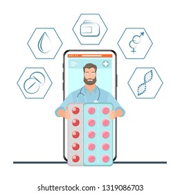 Online doctor concept with medical icons set. Online medical service, consultation and support, medical assistance by internet.  Vector illustration.