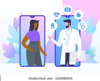 Online doctor concept. Patient consultation to the doctor via smartphone. Vector illustration can use for, landing page, template, ui, web, mobile app, poster, banner, flyer