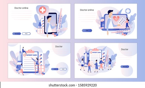 Online doctor concept. Patient consultation to the doctor. Screen template for mobile smart phone, landing page, template, ui, web, mobile app, poster, banner, flyer. Modern flat cartoon style. Vector