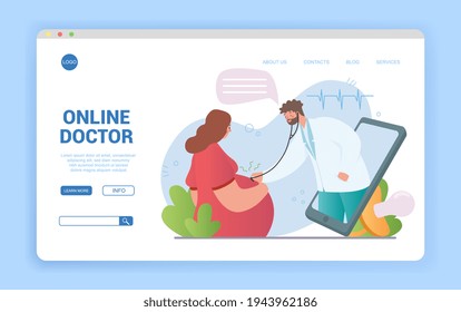 Online doctor concept with pregnant woman having a virtual consultation with a medic on the screen of a digital device, vector design illustration for a website landing page