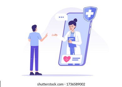 Online doctor concept. Professional female doctor giving advice to patient through smartphone. Telemedicine and online healthcare. Telehealth. Video call to doctor. Modern isolated vector illustration