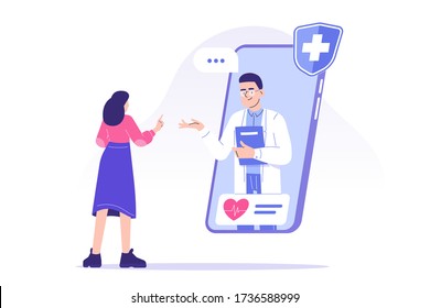 Online doctor concept. Professional male doctor giving advice to patient through smartphone. Telemedicine and online healthcare. Video call to doctor. Telehealth. Modern isolated vector illustration 