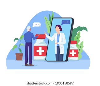 Online doctor concept. Smartphone screen with female doctor, Online chatting, Online consultation. Elderly man making video call with his doctor, Video conference. Vector illustration in a flat style