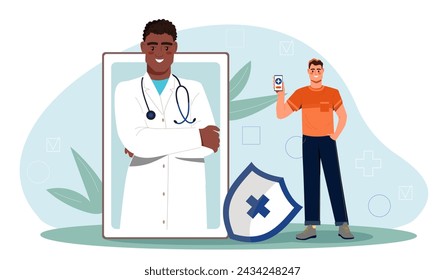 Online doctor concept. Telemedicine and video call. Consultation with specialist on internet. Health care and treatment, diagnosis. Man communicate with doctor. Cartoon flat vector illustration