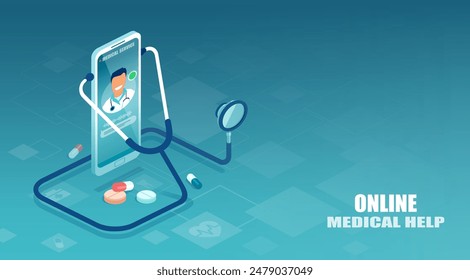 online doctor concept. Vector of a doctor giving a consultation, assistance via a phone app