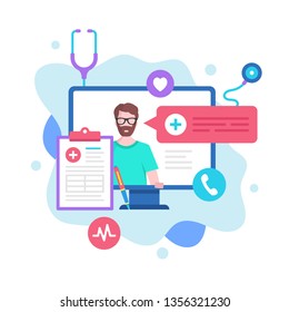 Online doctor concept. Vector illustration. Online medical services, medical consultation. Modern flat design graphic elements for websites, web pages, templates, infographics, web banners, etc.