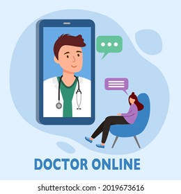 Online doctor concept vector illustration. Online medical consultation and support. Healthcare service. Male doctor with stethoscope on the mobile phone screen with patient.