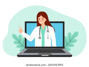 Online doctor concept vector illustration. Online medical consultation and support. Healthcare service. Family female doctor with stethoscope on the computer screen.