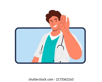 Online Doctor Concept.Young smiling doctor listens intently to patient on mobile device.Phone call with medic.Virtual video consulting.Vector flat illustration isolated on white background