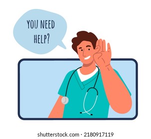 Online Doctor Concept.Young smiling doctor with stethoscope listens intently to patient on mobile device and ask you need help.Phone call with medic.Virtual video consulting.Vector flat illustration 