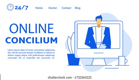 Online doctor concilium video call conference technology network connection. Medical staff collaboration international communication disease treatment share medic knowledge. Landing page design