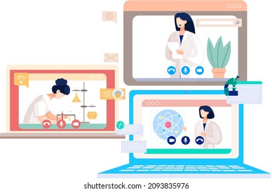 Online doctor conference, consultation via your smartphone. Concept for medical app and websites. Remote meetings of scientists conferring on fight against viruses and scientific researches