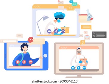 Online doctor conference, consultation via your smartphone. Concept for medical app and websites. Remote meetings of scientists conferring on fight against viruses and scientific researches