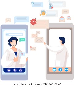 Online doctor conference, consultation via your smartphone. Concept for medical app and websites. Remote meetings of scientists conferring on fight against viruses and scientific researches